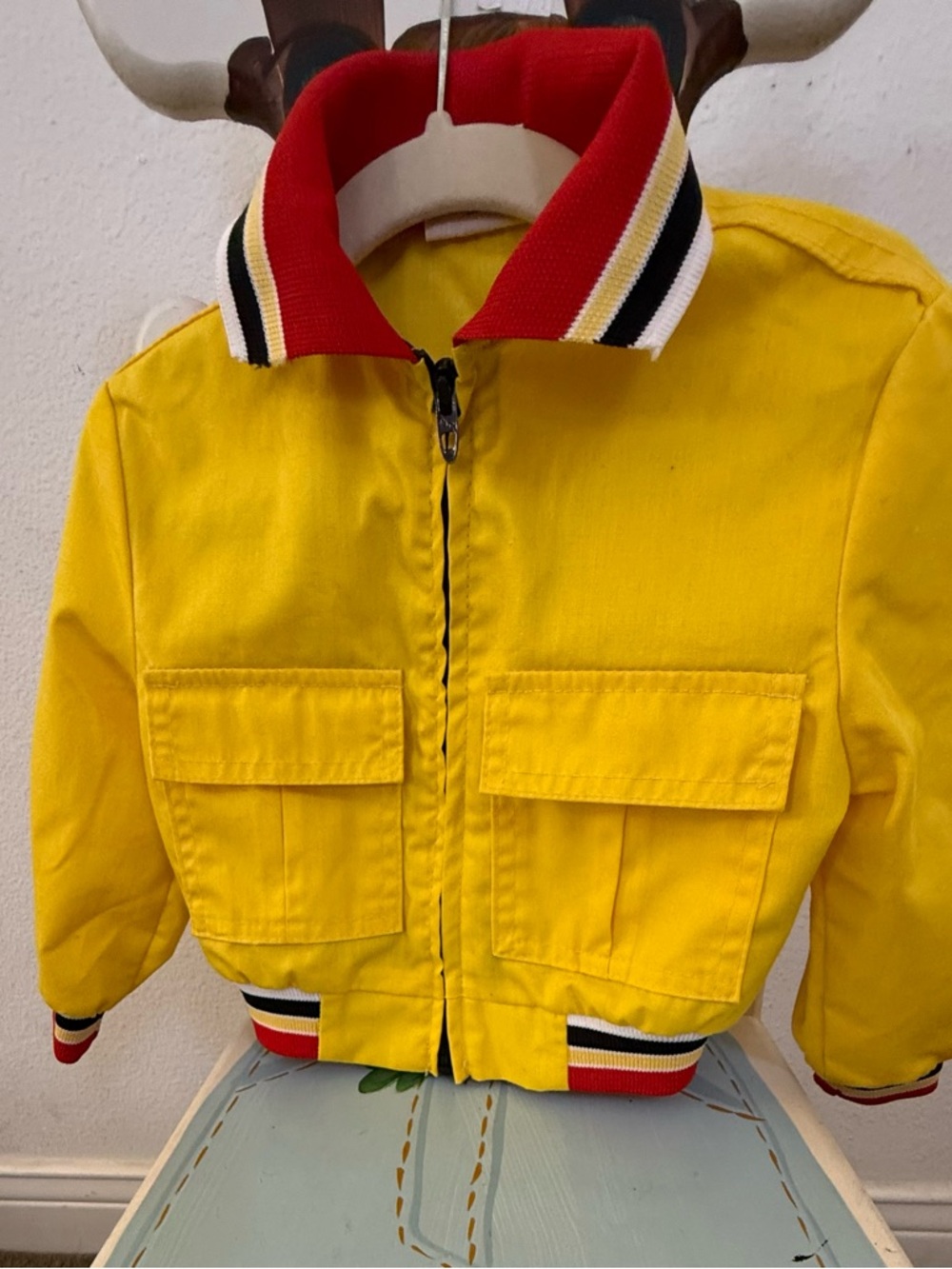 Vintage Bright Yellow Kids Jean Jacket with Red-Trim Collar